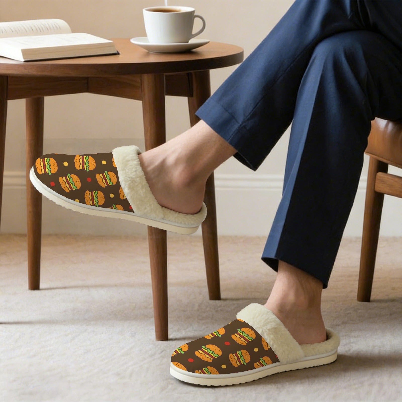 Burgers Men's Fur Trim Thick-Sole Indoor Slippers Men's Fur Trimmed Slippers Food Printed Offshore