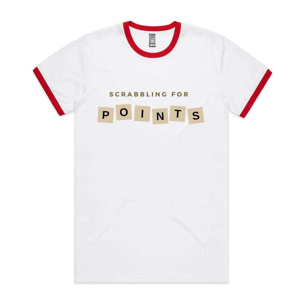 Scrabbling For Points - Staple Ringer Tee White Red Ringer T-Shirt Games Printed In Australia