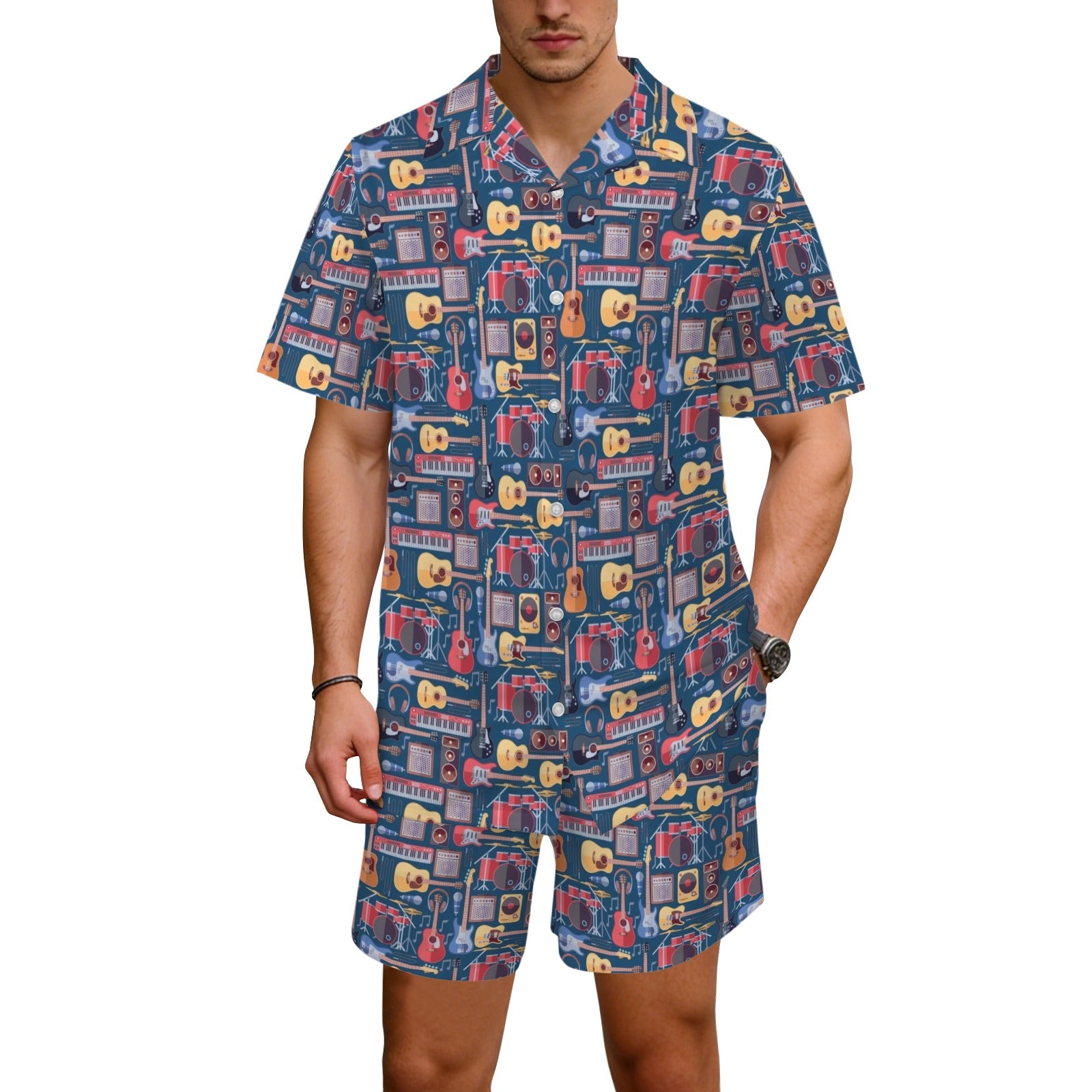Music Instruments Men's Hawaiian Shirt & Shorts Set Men's Hawaiian Shirt & Shorts Set Music Printed Offshore