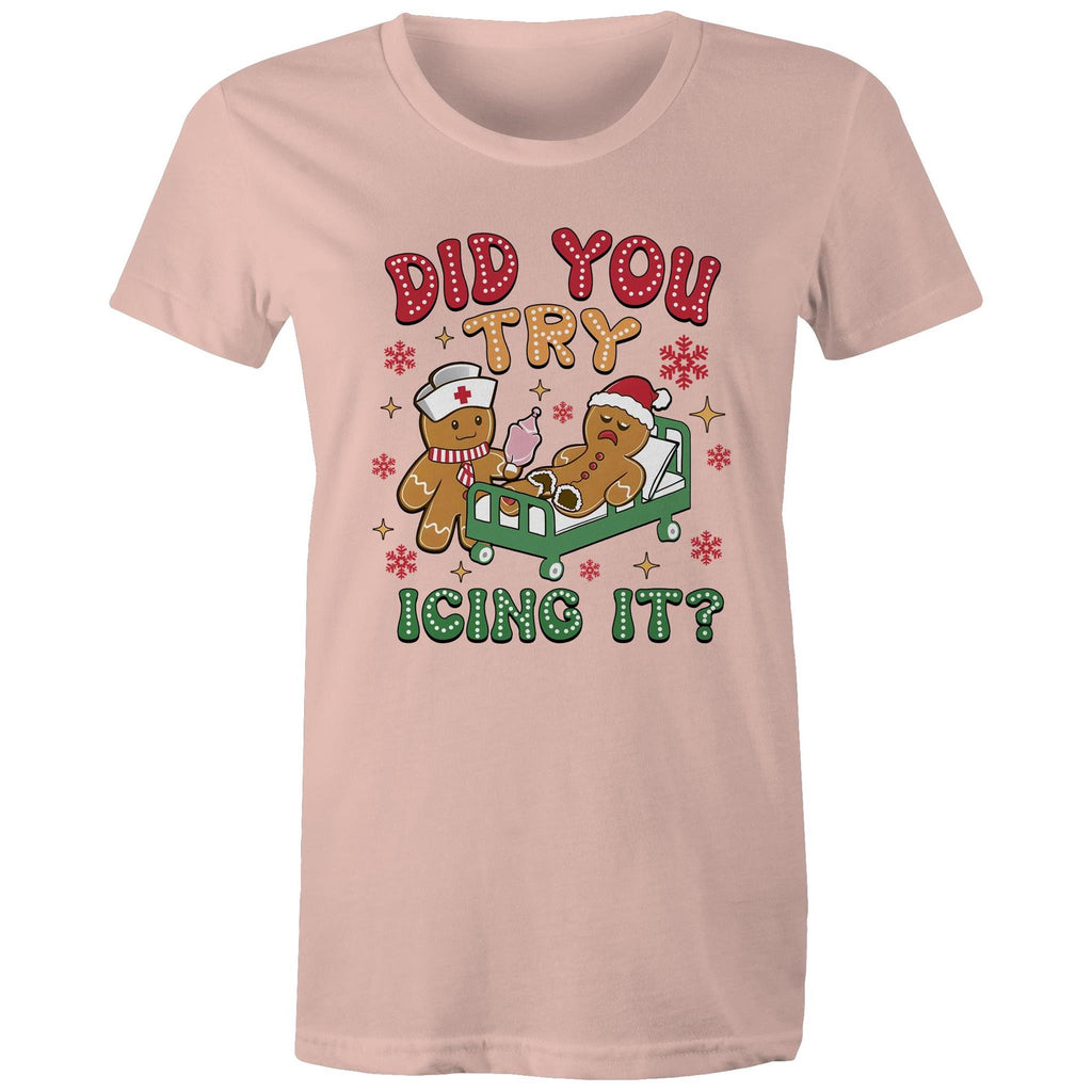 Funny Gingerbread, Did You Try Icing It - Womens T-shirt Pale Pink Womens Christmas T-shirt Christmas Printed In Australia