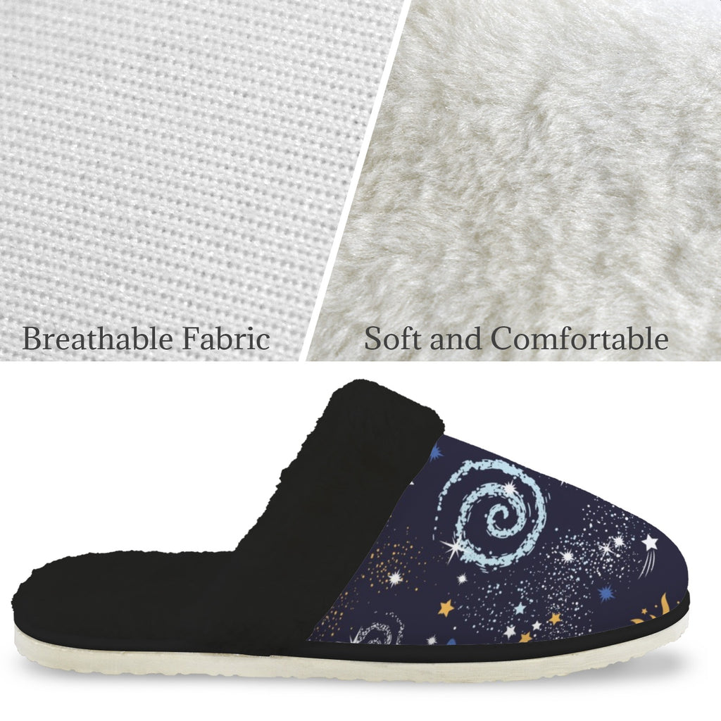Outer Space Women's Fur Trim Thick-Sole Indoor Slippers Women's Fur Trimmed Slippers Printed Offshore Space