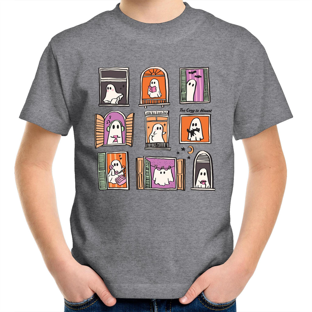 Ghosts In Windows - Kids Youth T-Shirt Grey Marle Kids Youth T-shirt Halloween Printed In Australia
