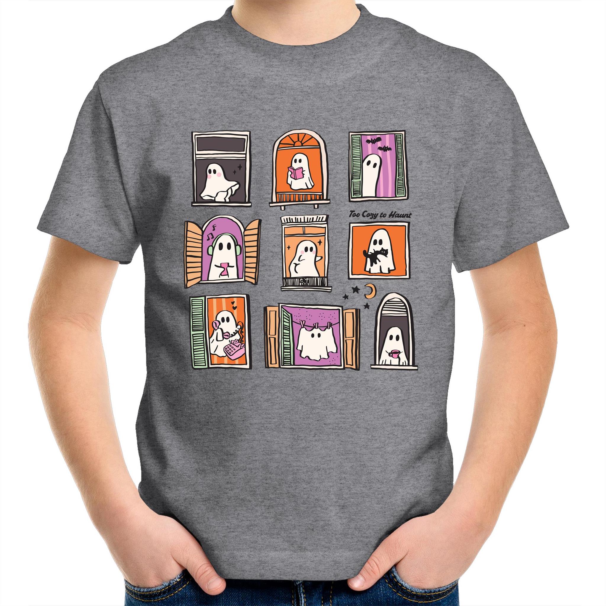 Ghosts In Windows - Kids Youth T-Shirt Grey Marle Kids Youth T-shirt Halloween Printed In Australia