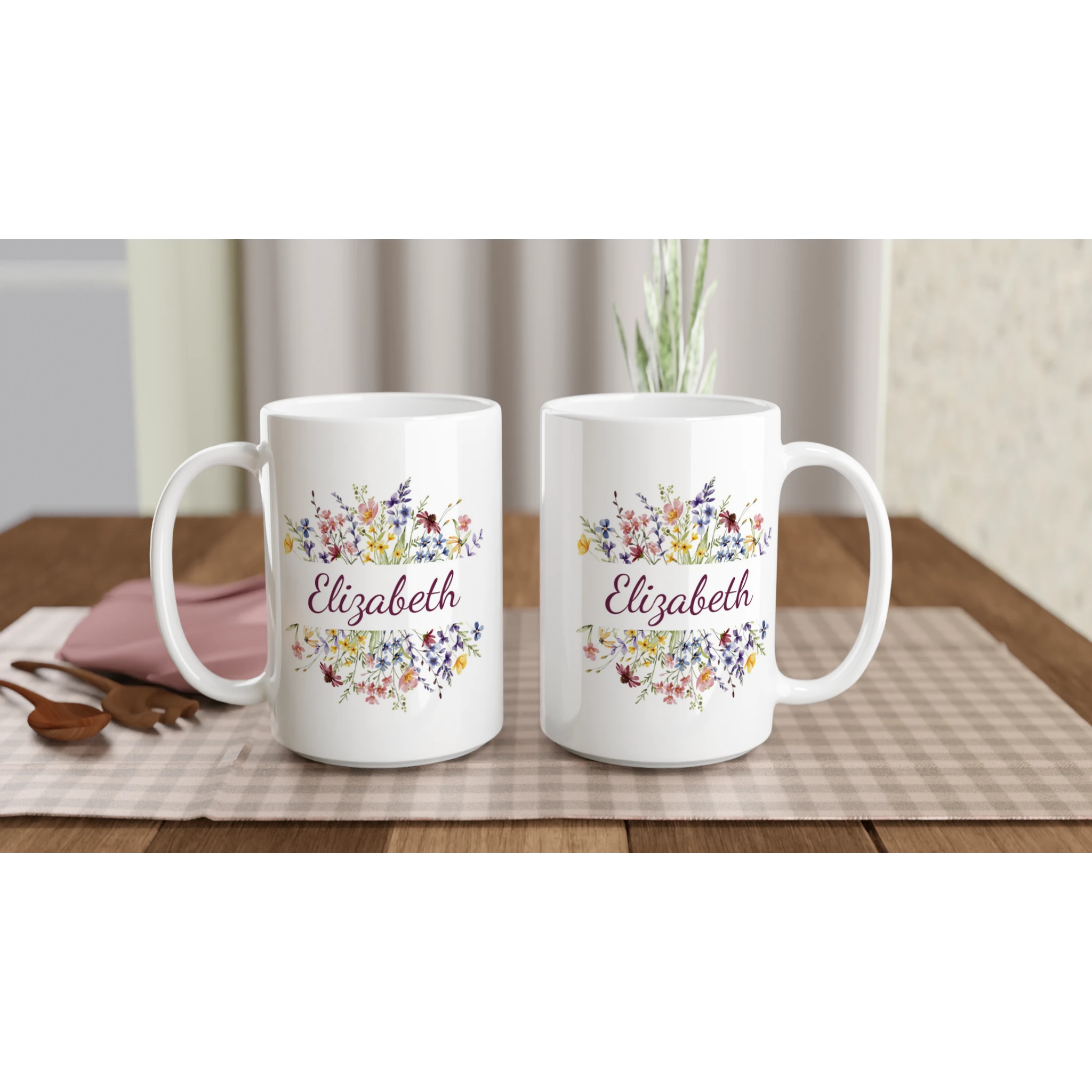 Personalise - Flower Frame Name - White 15oz Ceramic Mug Personalised 15oz Mug customise Globally Fulfilled Name personalise Plants