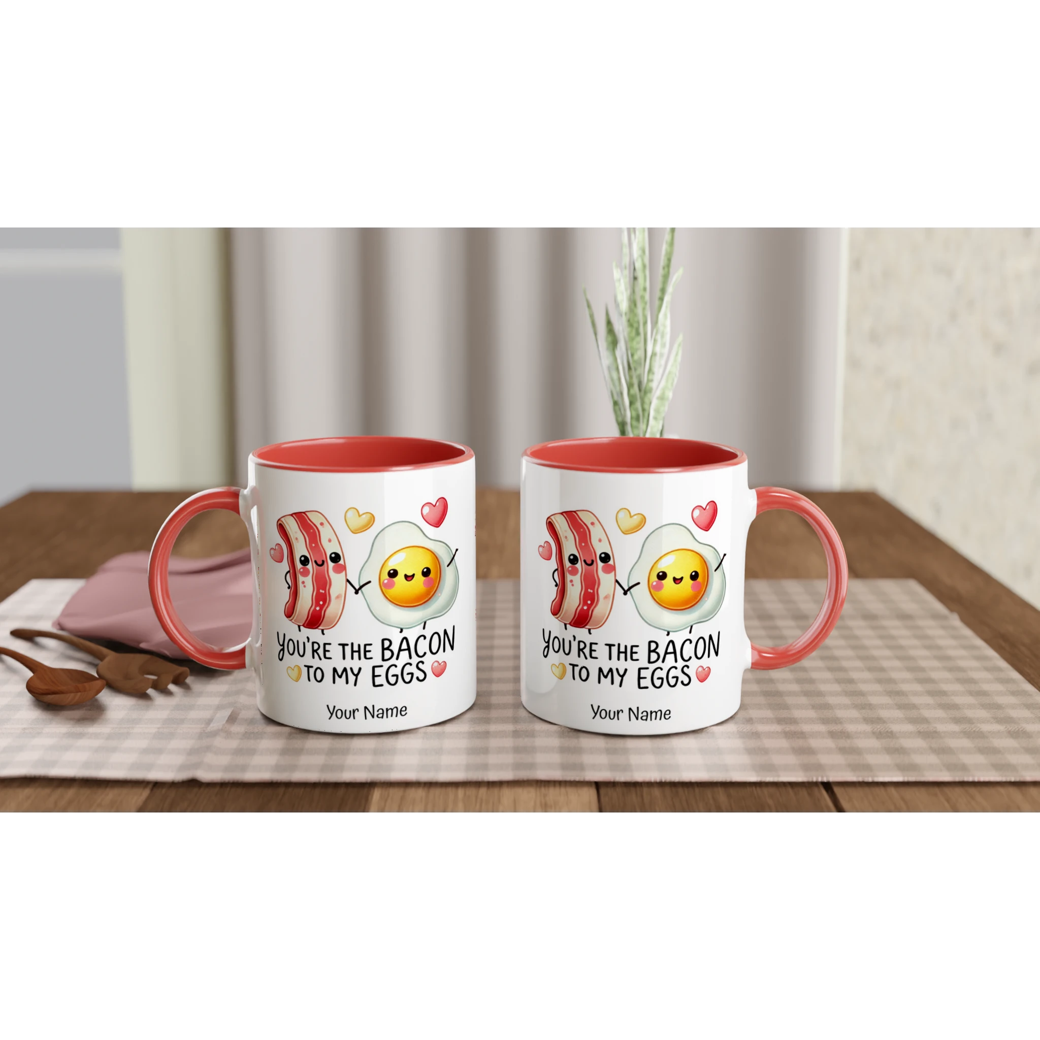 Personalised - You're The Bacon To My Eggs, Valentine - White 11oz Ceramic Mug with Colour Inside Personalised 11oz Mug