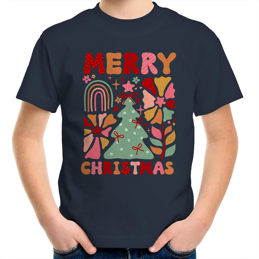 Merry Christmas - Kids Youth T-Shirt Navy Kids Christmas T-shirt Christmas Printed In Australia