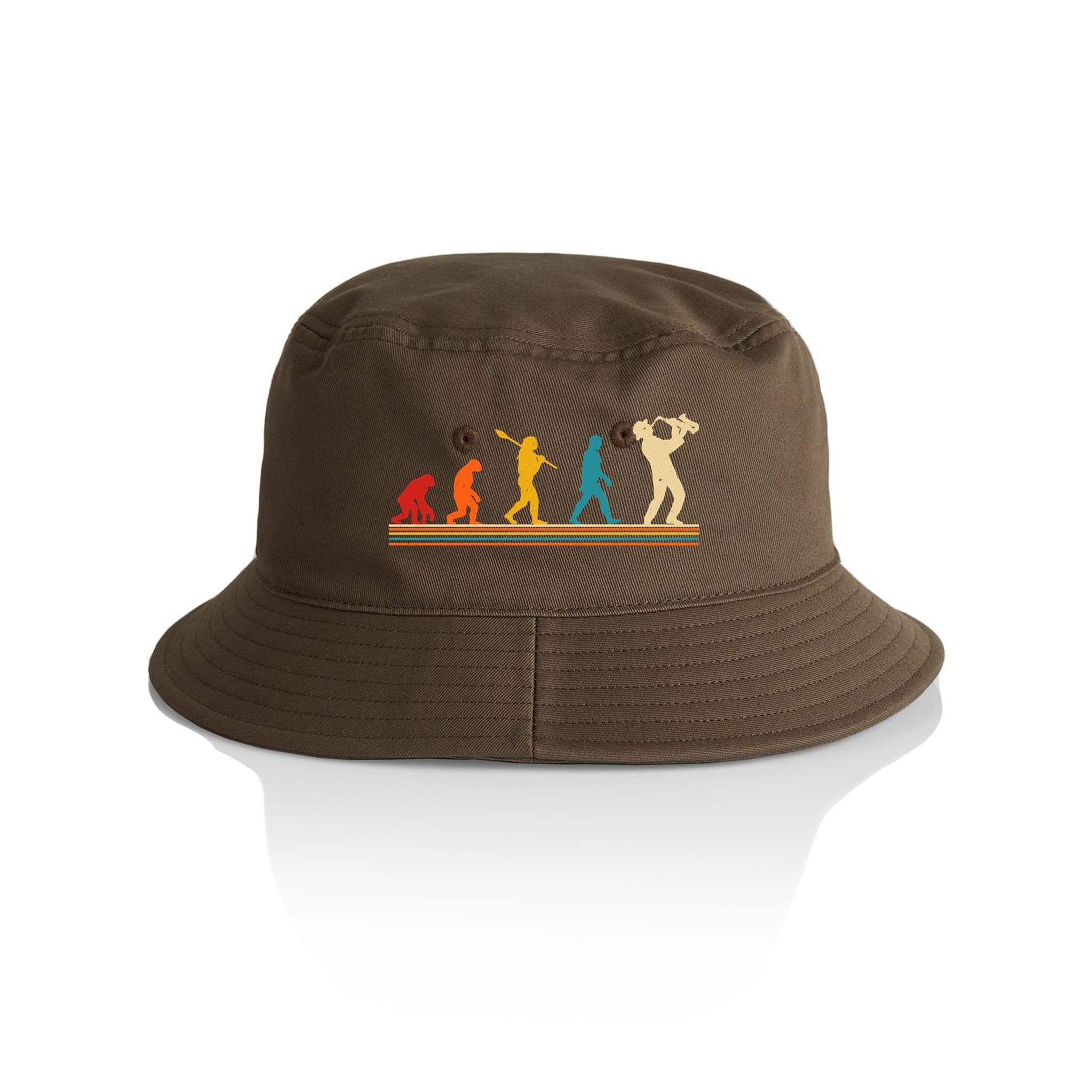 Evolution Of A Saxophone Player - AS Colour Bucket Hat Walnut One Size As Colour Bucket Hat Music Printed In Australia