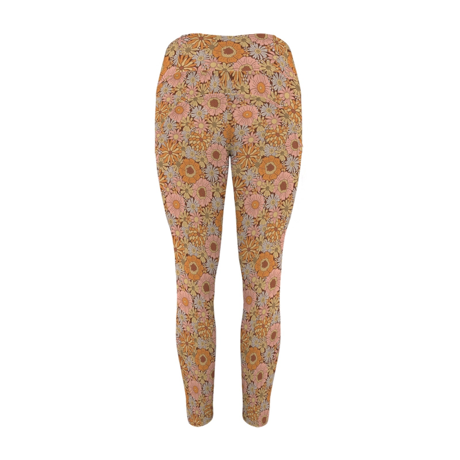 Orange Retro Floral Women's High Waist Pockets Yoga Leggings