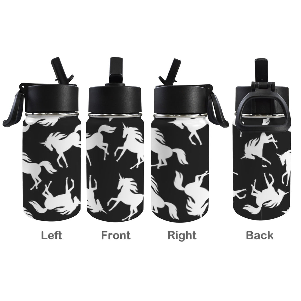 Black And White Unicorn - 12oz Kids Water Bottle with Straw Lid