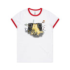Cat Bass Player - Women's Ringer Tee White Red Womens Ringer T-shirt animal Music Printed In Australia