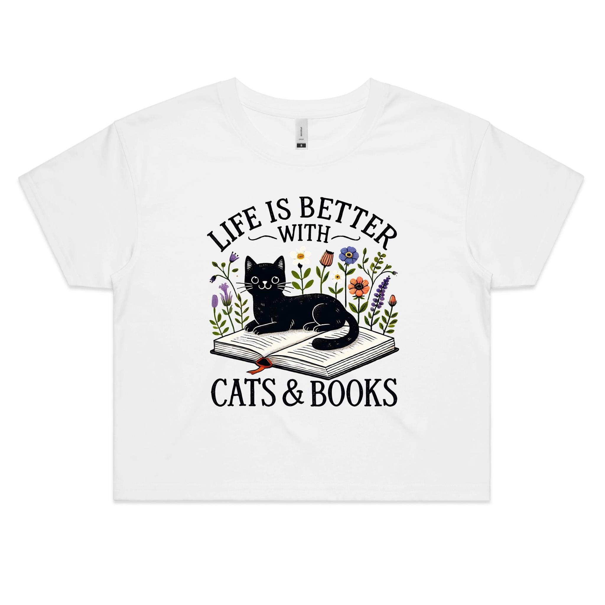 Life Is Better With Cats And Books Women's AS Colour Crop Tee White animal Printed In Australia Reading