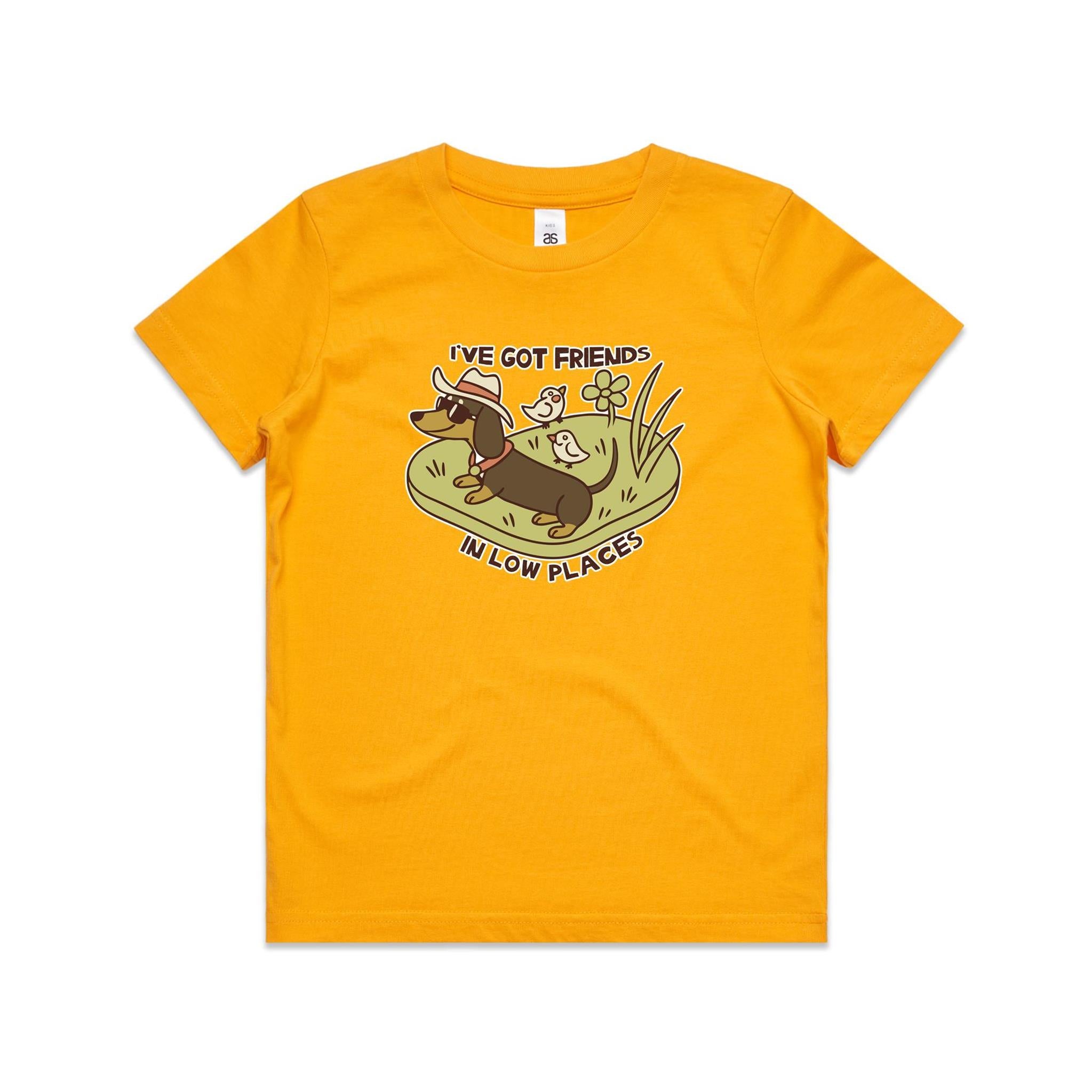 Dachshund, I've Got Friends In Low Places Kid's AS Colour T-shirt Gold Kids Youth T-shirt animal Printed In Australia