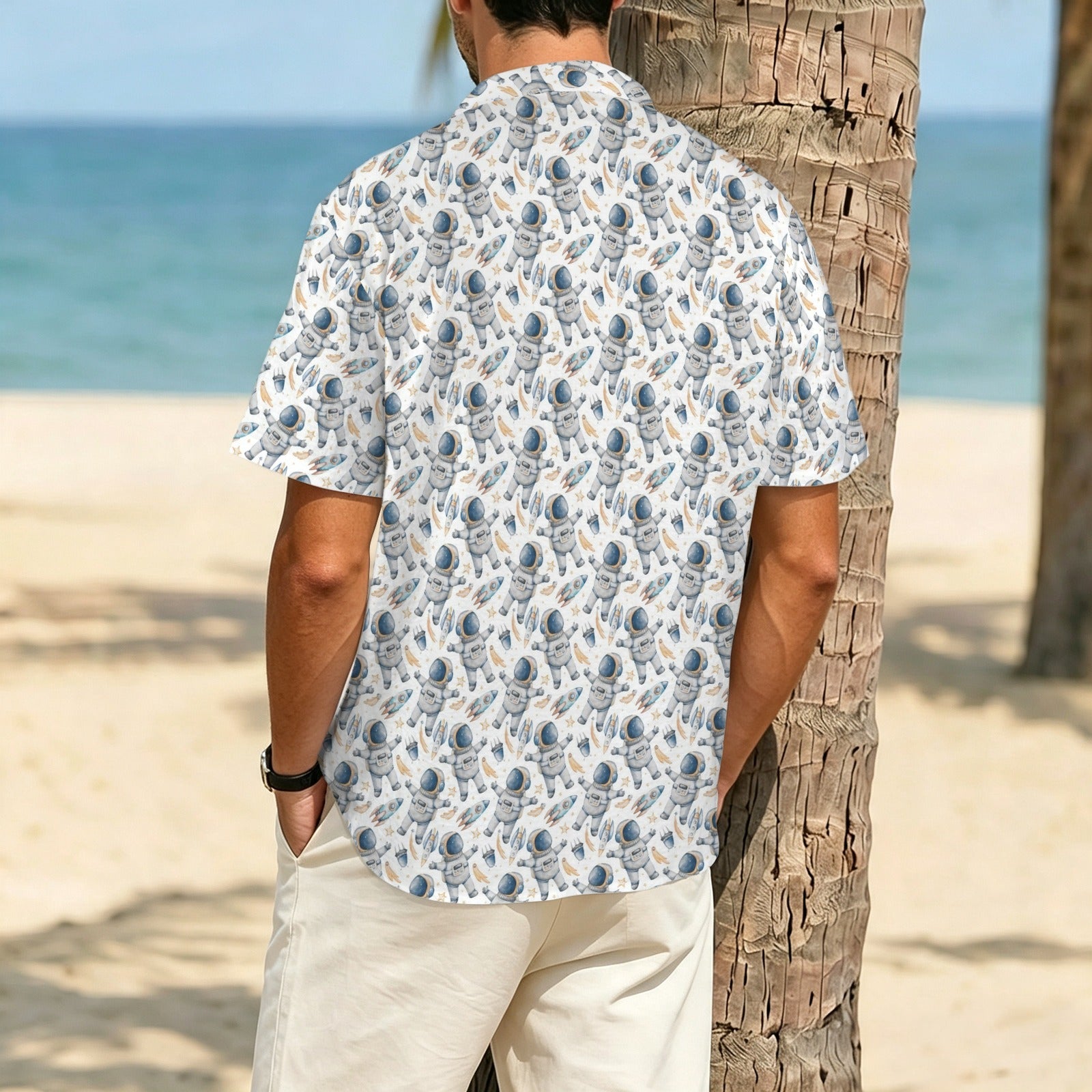 Astronauts And Rocket Ships Men's Crinkle Hawaiian Shirt