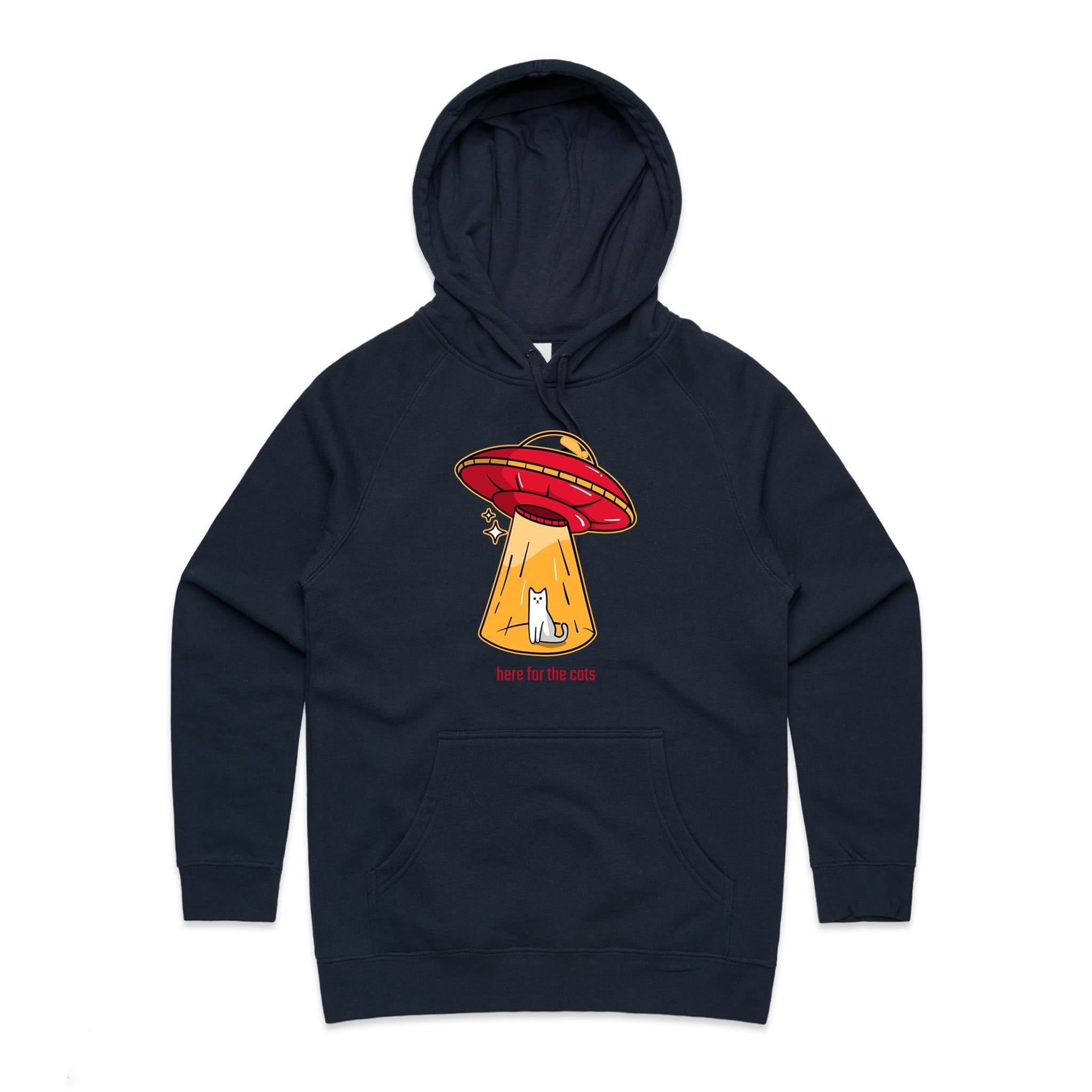 UFO, Here For The Cats - Womens Hoodie Navy Womens Hoodie animal Printed In Australia Sci Fi