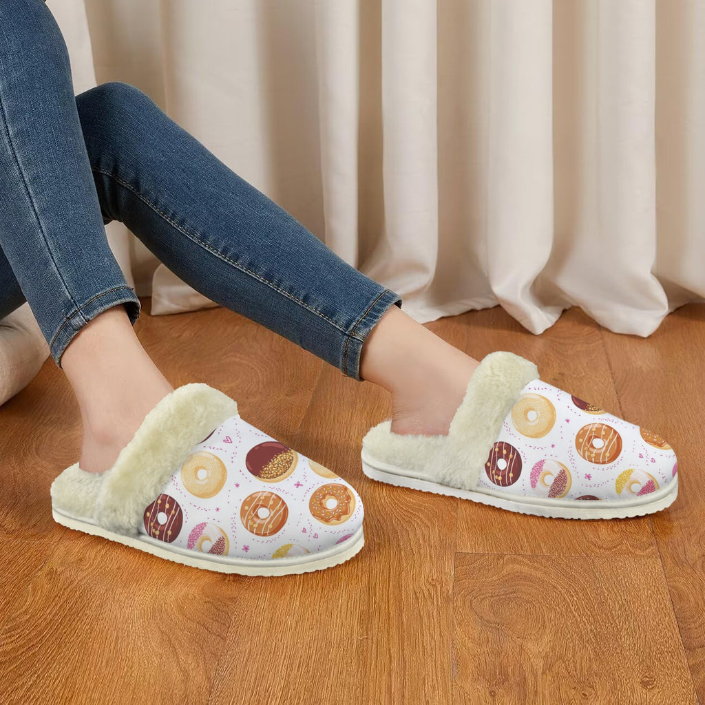 Doughnut Love Women's Fur Trim Thick-Sole Indoor Slippers Women's Fur Trimmed Slippers Food Printed Offshore