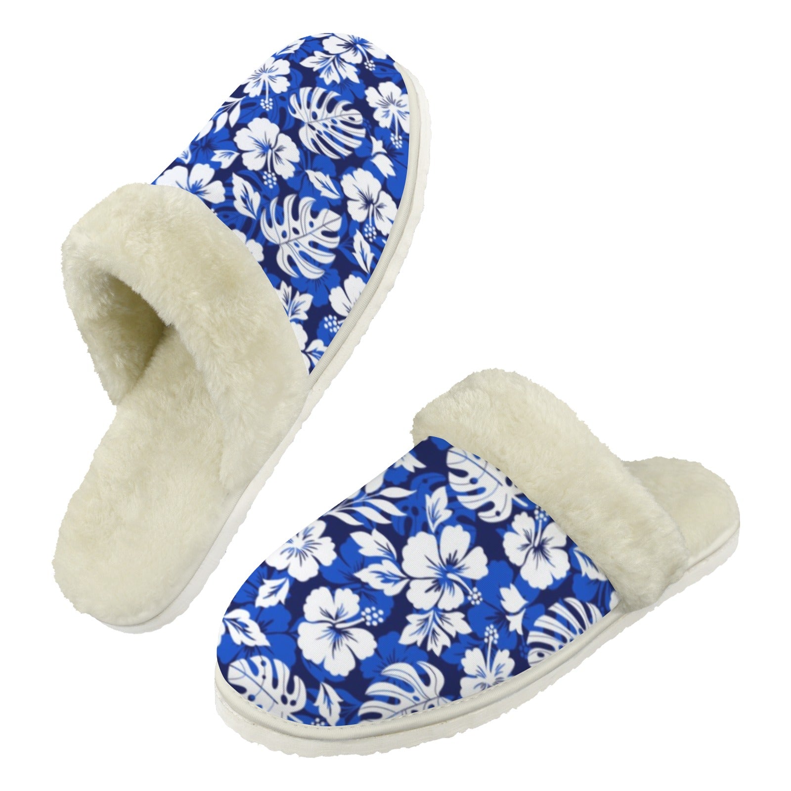 Blue Hawaiian Floral - Men's Fur Trim Thick-Sole Indoor Slippers 2XL Men's Fur Trimmed Slippers Plants Printed Offshore