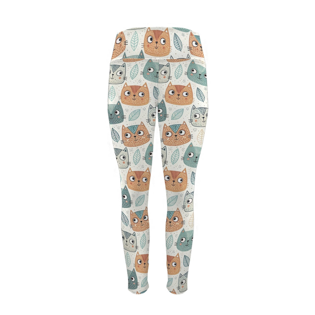 Cute Cat Faces - Women's High Waist Pockets Yoga Leggings
