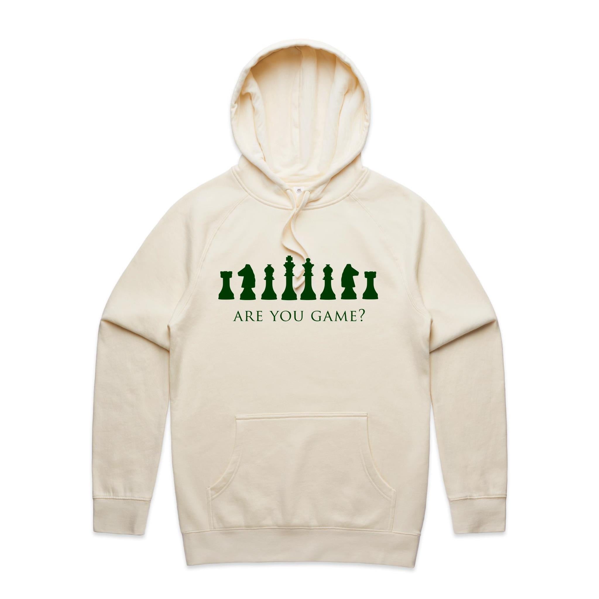 Are You Game, Chess - Mens Hoodie Ecru Mens Hoodie Chess Games Printed In Australia
