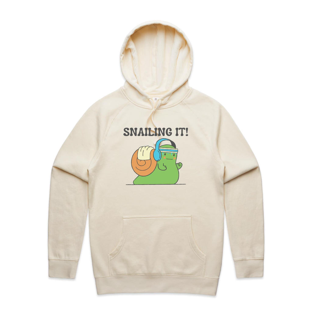 Snailing It - Mens Hoodie Ecru Mens Hoodie animal Fitness Positivity Printed In Australia