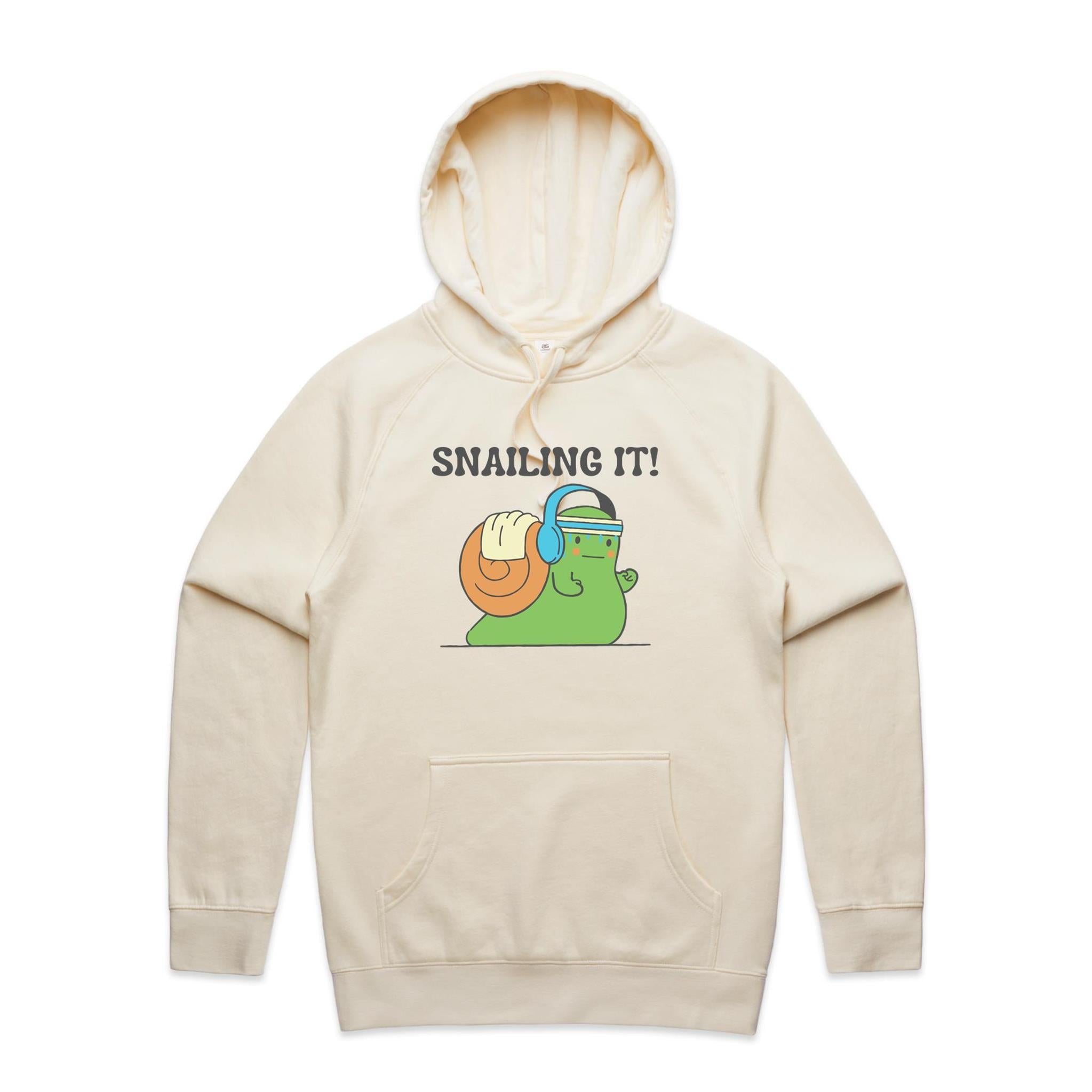 Snailing It - Mens Hoodie Ecru Mens Hoodie animal Fitness Positivity Printed In Australia