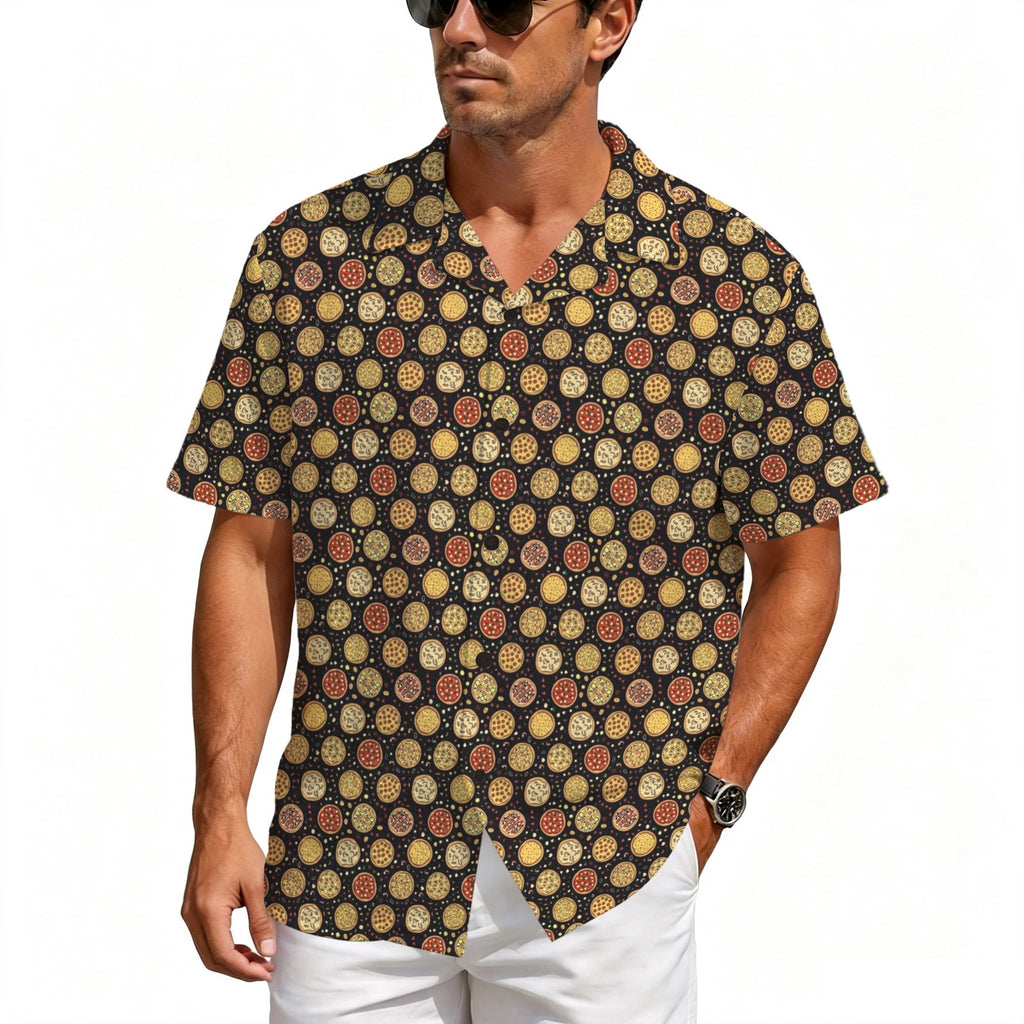 Round Pizzas On Black Men's Crinkle Hawaiian Shirt