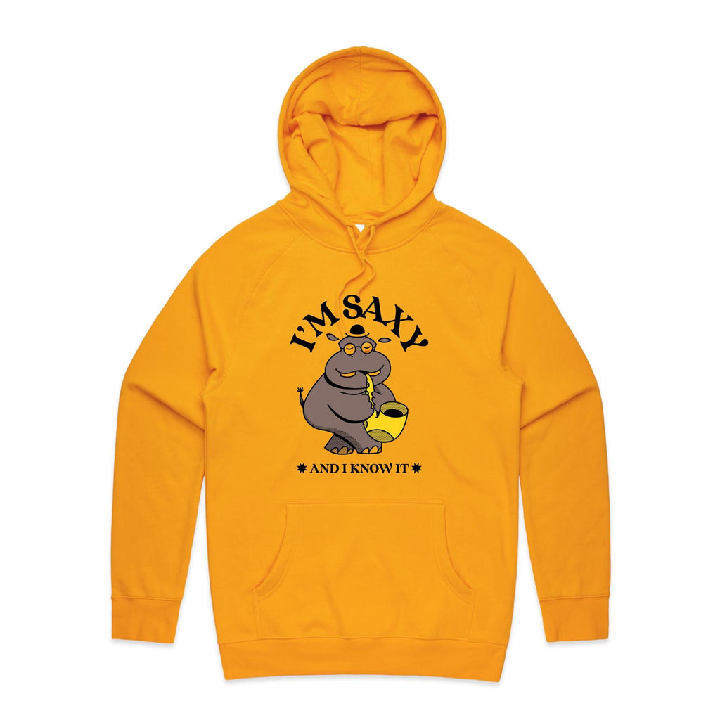 I'm Saxy And I Know It, Hippo Saxophone Player - Mens Hoodie Gold Mens Hoodie animal Music Printed In Australia