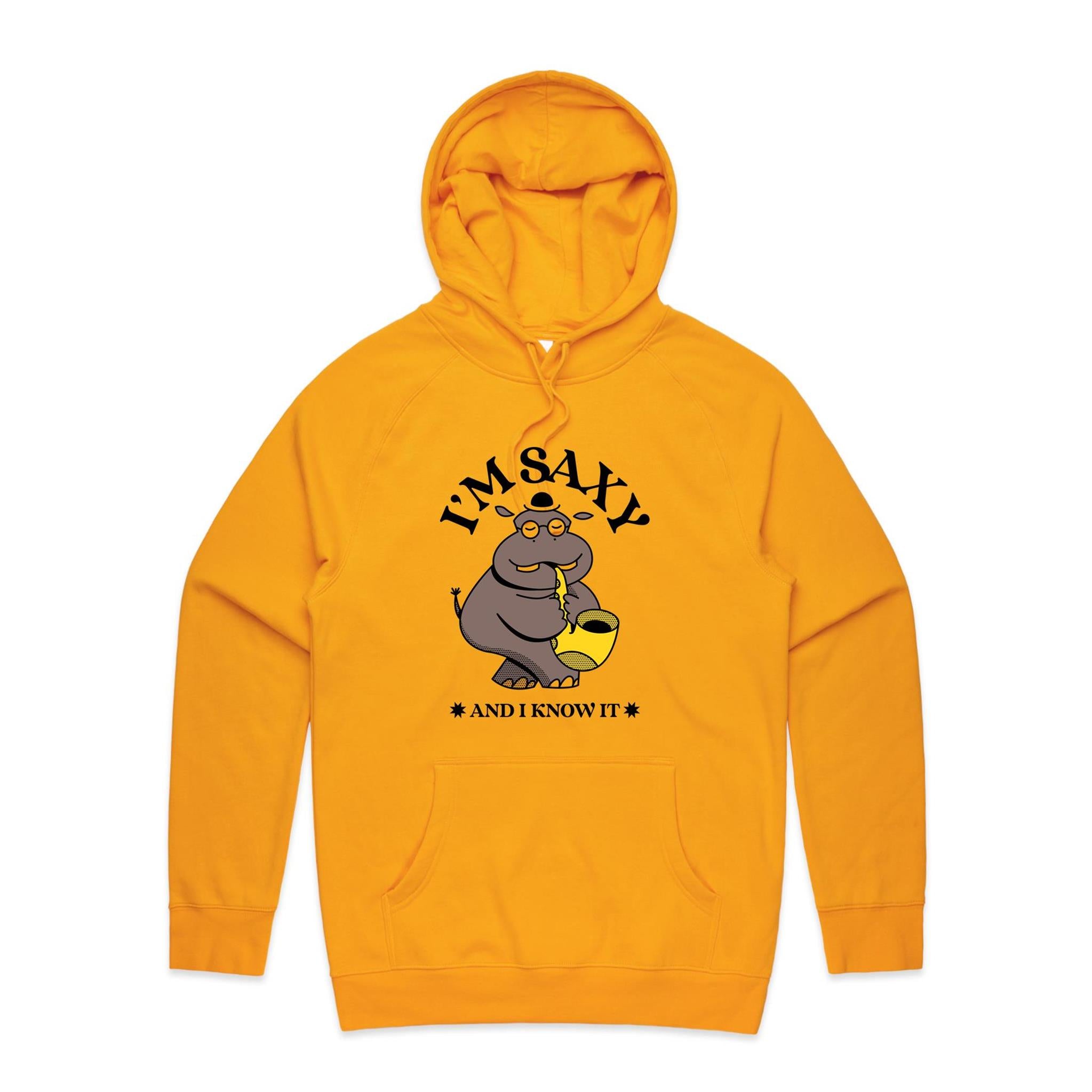 I'm Saxy And I Know It, Hippo Saxophone Player - Mens Hoodie Gold Mens Hoodie animal Music Printed In Australia
