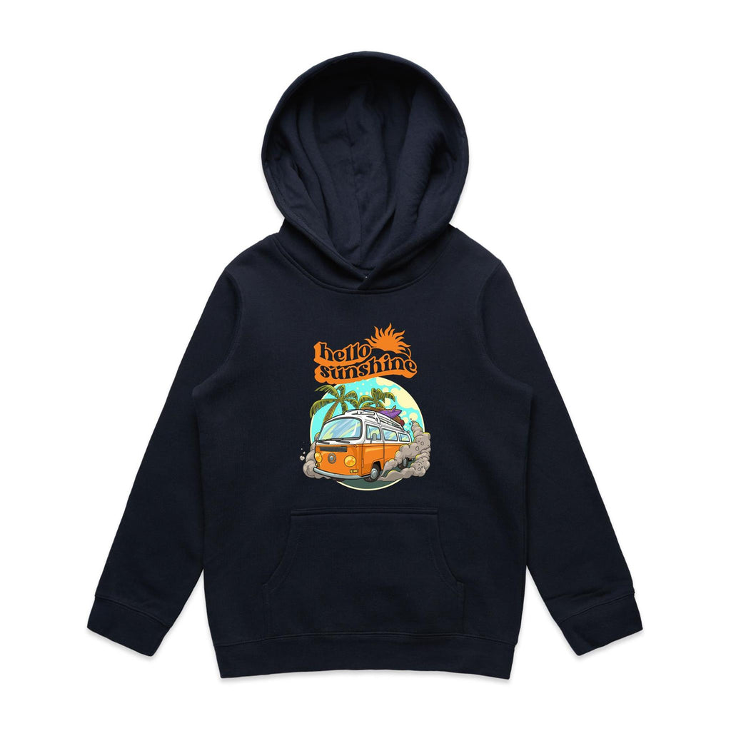 Hello Sunshine, Beach Van - Kids Hoodie Navy Kids Hoodie Printed In Australia