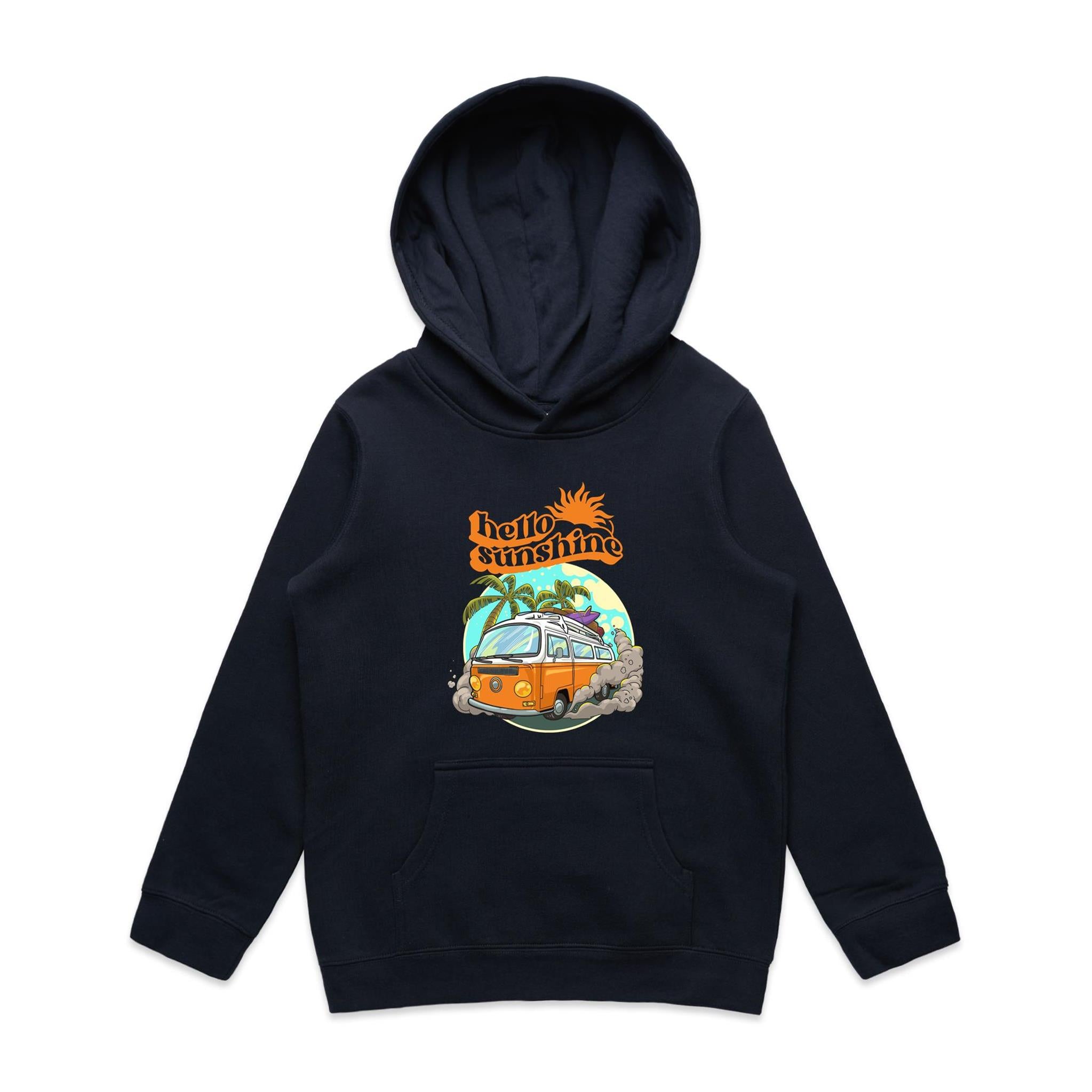 Hello Sunshine, Beach Van - Kids Hoodie Navy Kids Hoodie Printed In Australia