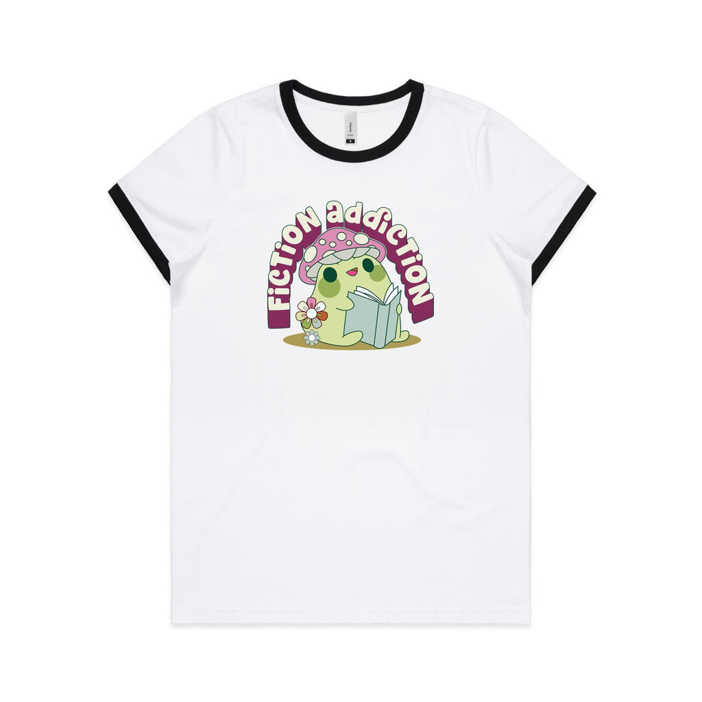 Fiction Addiction - Women's Ringer Tee White Black Womens Ringer T-shirt Printed In Australia Reading