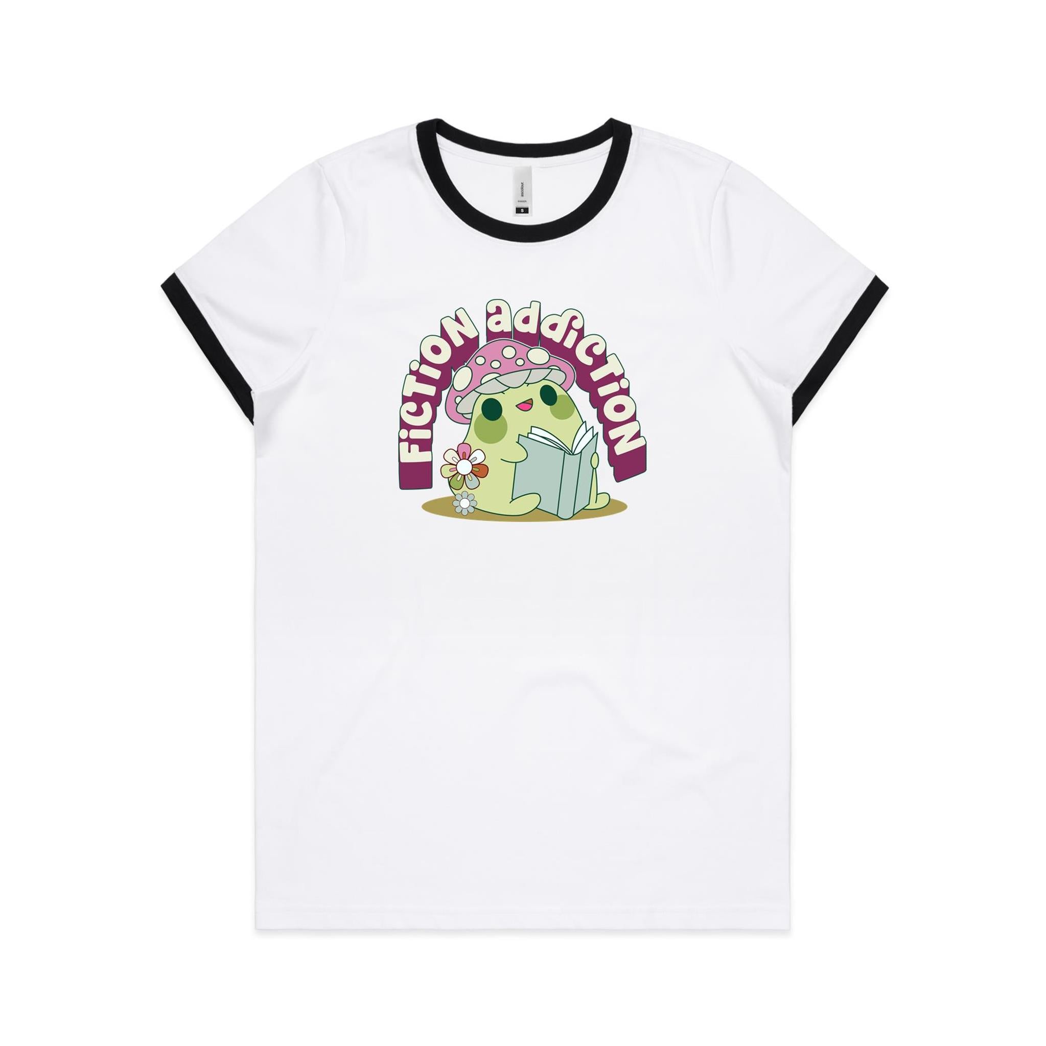 Fiction Addiction - Women's Ringer Tee White Black Womens Ringer T-shirt Printed In Australia Reading