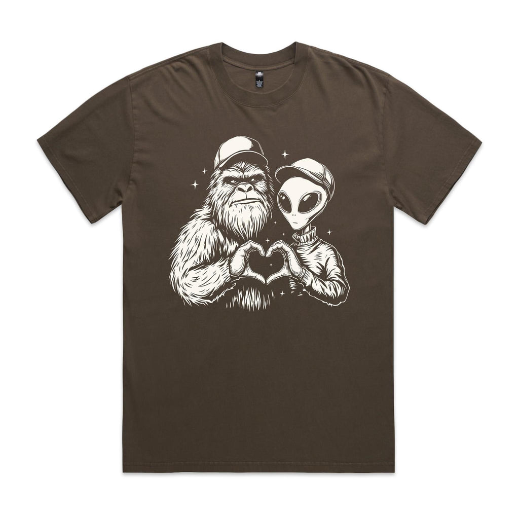 Alien And Bigfoot Heart Hands AS Colour Heavy Faded Tee Unisex Faded brown Heavy Faded T-shirt Printed In Australia Sci Fi