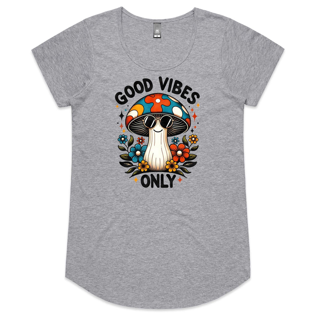 Good Vibes Only, Hippie Mushroom With Sunglasses Women's AS Colour Scoop Neck T-Shirt Grey Marle Womens Scoop Neck T-shirt Positivity Printed In Australia Retro