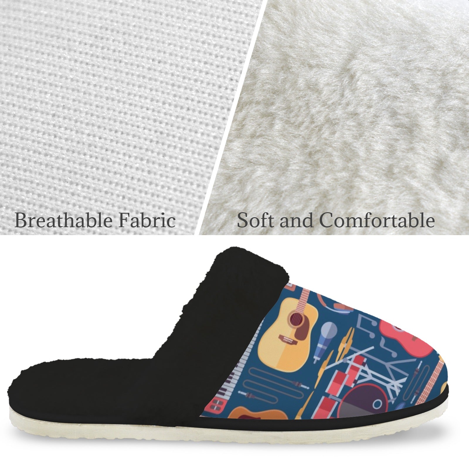 Music Instruments Women's Fur Trim Thick-Sole Indoor Slippers Women's Fur Trimmed Slippers Music Printed Offshore