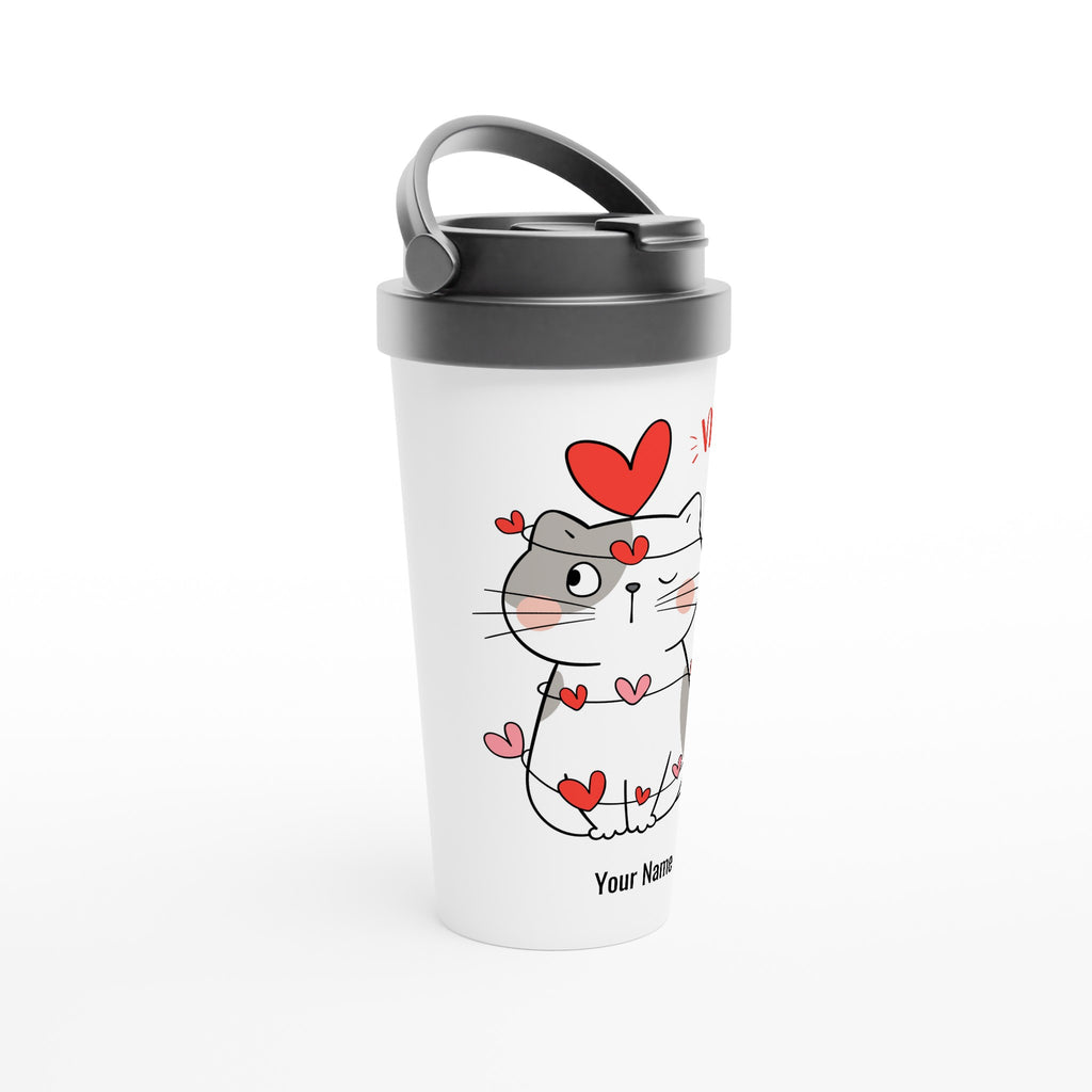 Personalised - Cat Heart Meow - White 15oz Stainless Steel Travel Mug Personalised Travel Mug animal customise Globally Fulfilled Love personalise