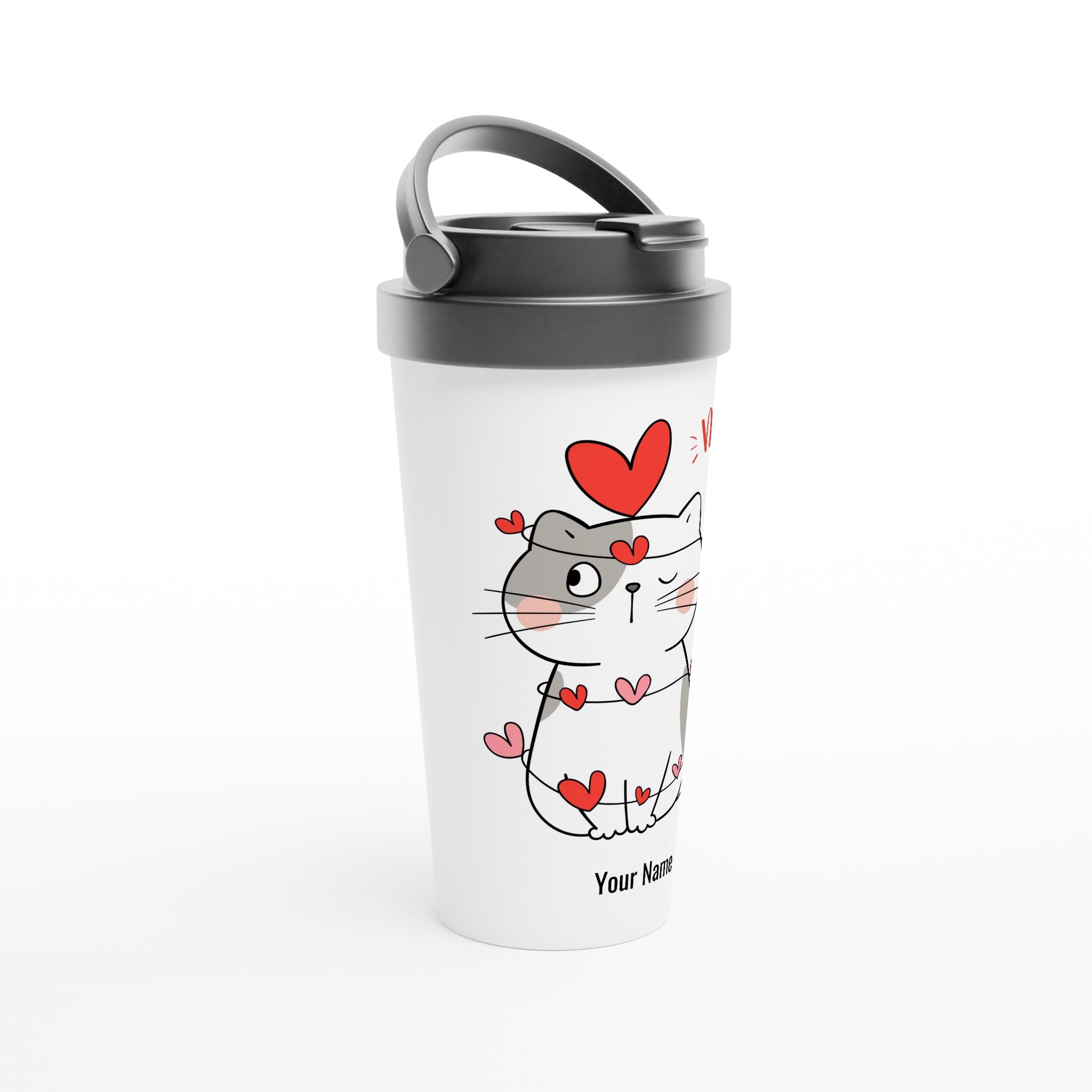 Personalised - Cat Heart Meow - White 15oz Stainless Steel Travel Mug Personalised Travel Mug animal customise Globally Fulfilled Love personalise