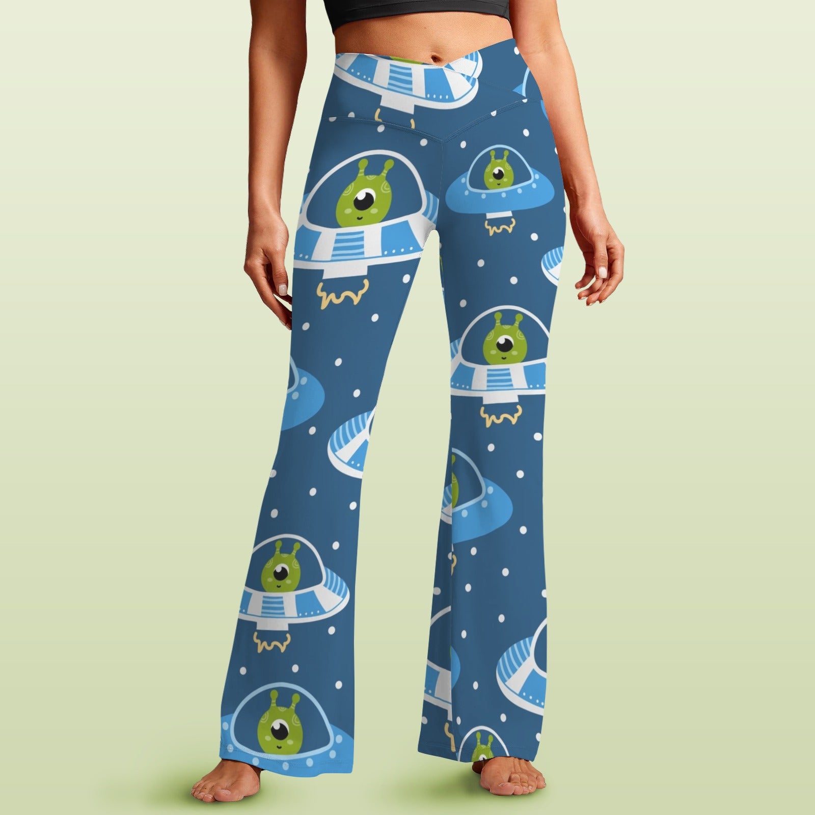 Cute Aliens in UFOs - High Waist Crossover Tummy Control Flare Leggings 5XL High Waist Flare Leggings Printed Offshore Sci Fi
