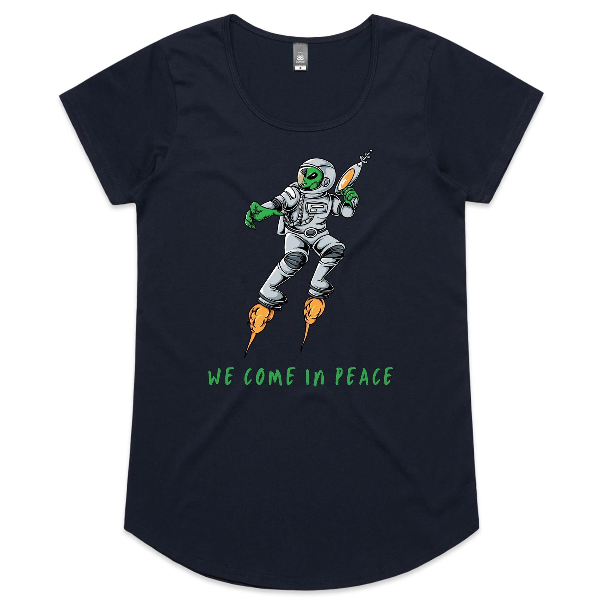 Alien, We Come In Peace - Womens Scoop Neck T-Shirt Navy Womens Scoop Neck T-shirt Printed In Australia Sci Fi