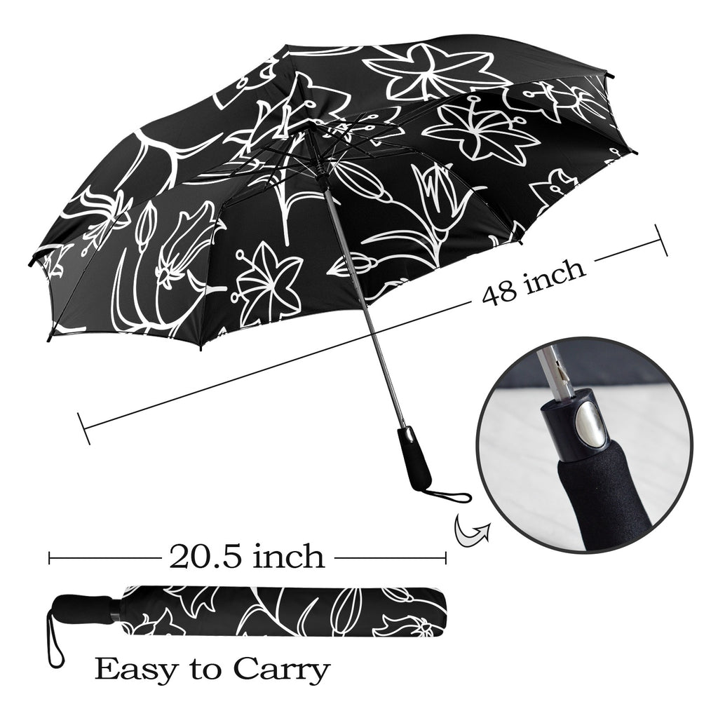 Black And White Floral - Semi-Automatic Foldable Umbrella (Model U12) Semi-Automatic Foldable Umbrella (U12)