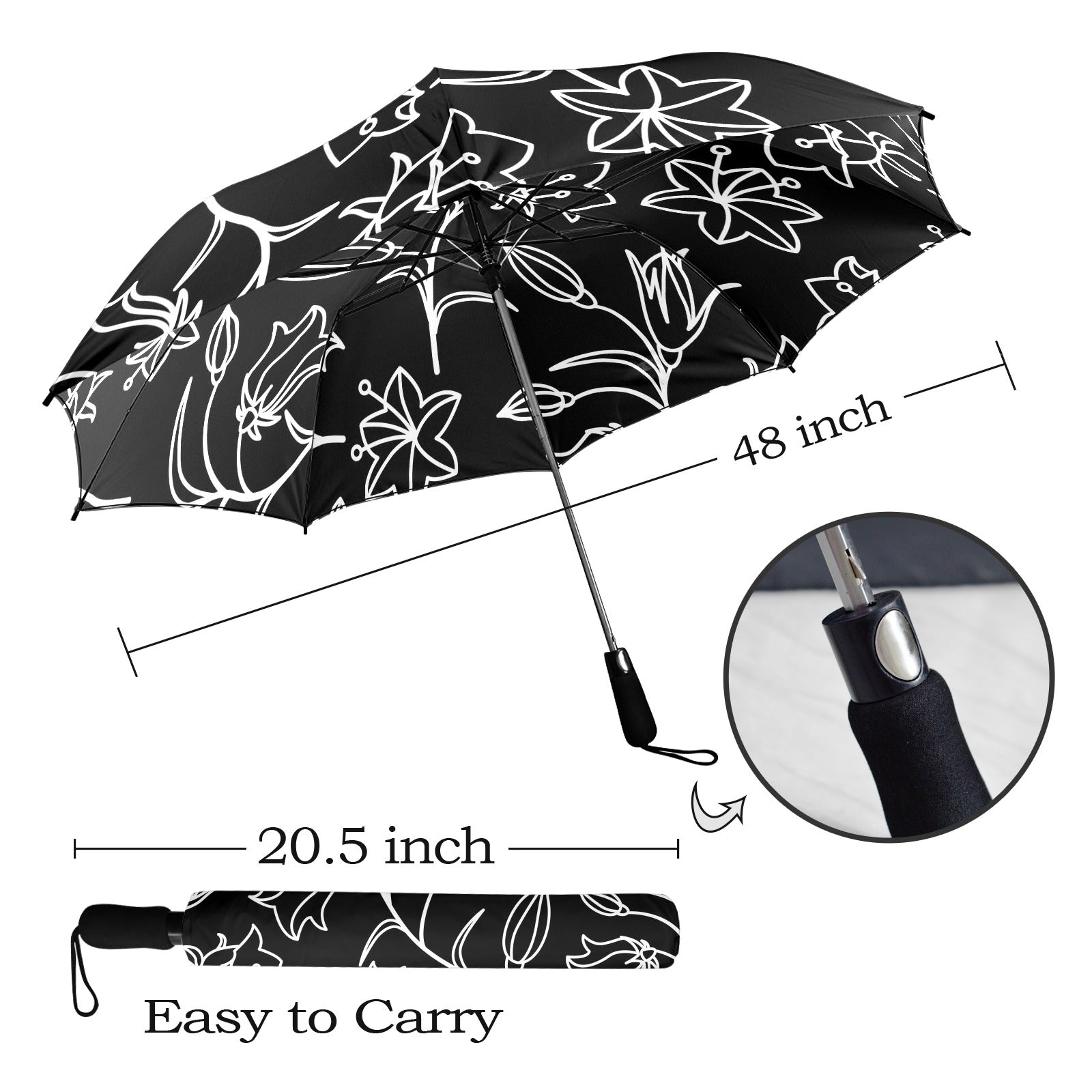 Black And White Floral - Semi-Automatic Foldable Umbrella (Model U12) Semi-Automatic Foldable Umbrella (U12)