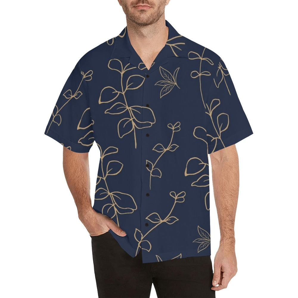 Gold Flowers On Navy - Mens Hawaiian Shirt