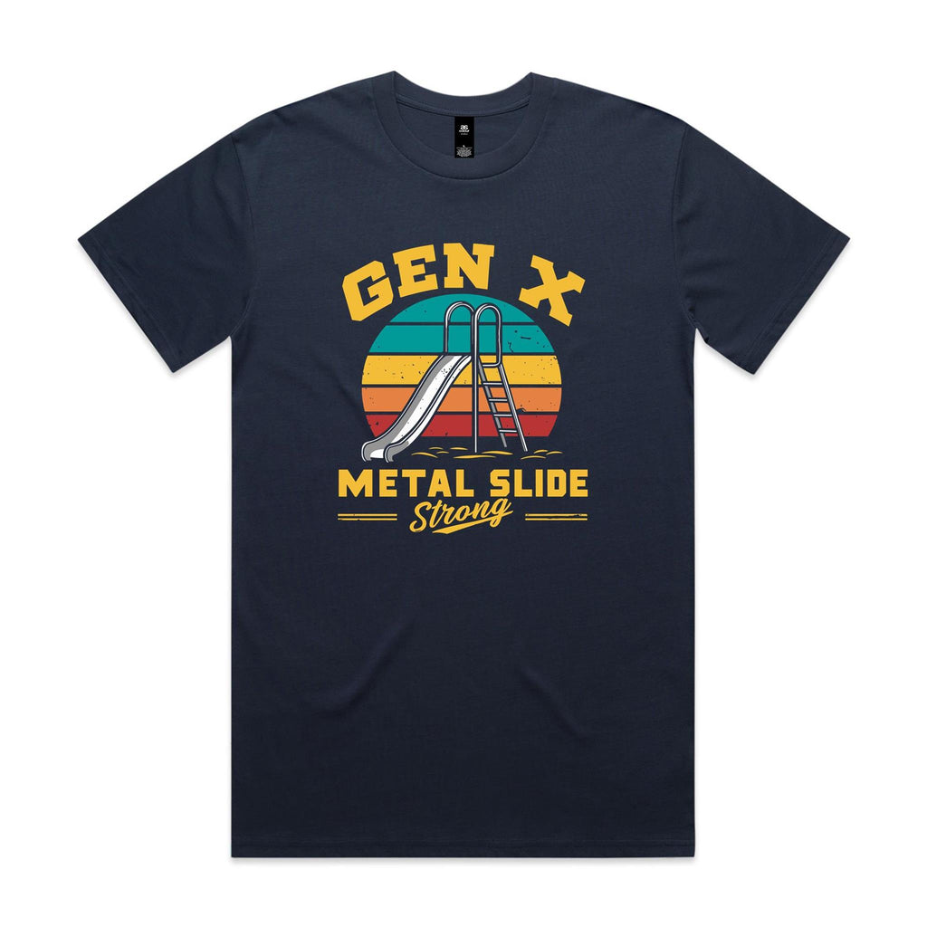 Gen X, Metal Slide Strong Men's AS Colour T-shirt Midnight Blue Mens T-shirt Printed In Australia
