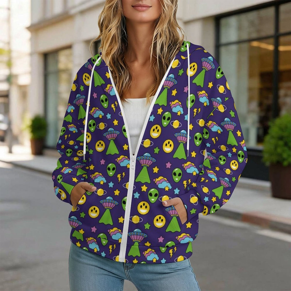 Groovy Alien And UFO Women's Full-Zip Hoodie
