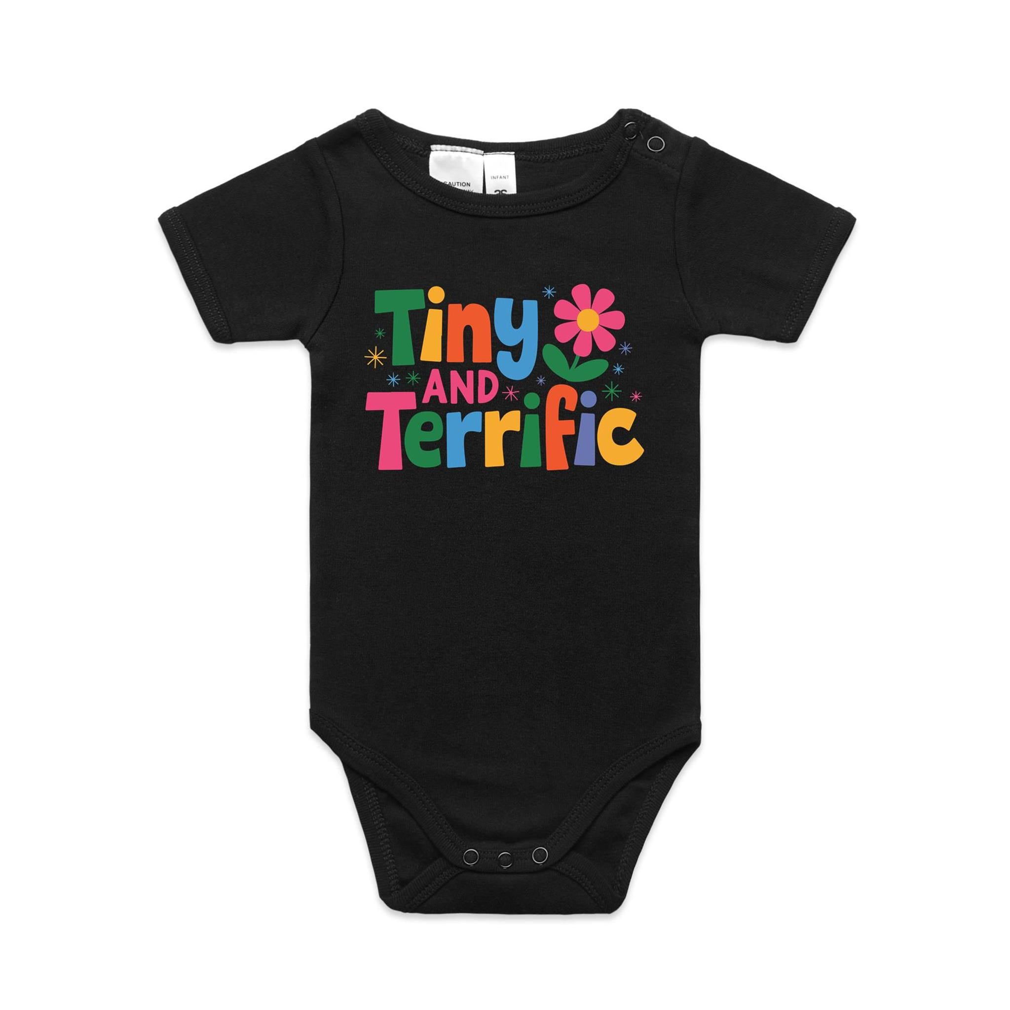 Tiny And Terrific AS Colour Baby Bodysuit Black Baby Bodysuit Printed In Australia