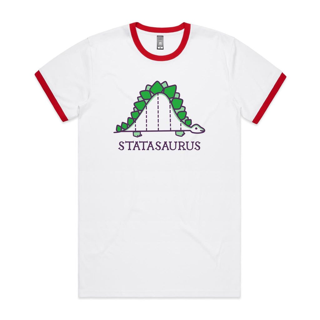 Statasuaurus, Maths Dinosaur - Staple Ringer Tee White Red Ringer T-Shirt animal Maths Printed In Australia