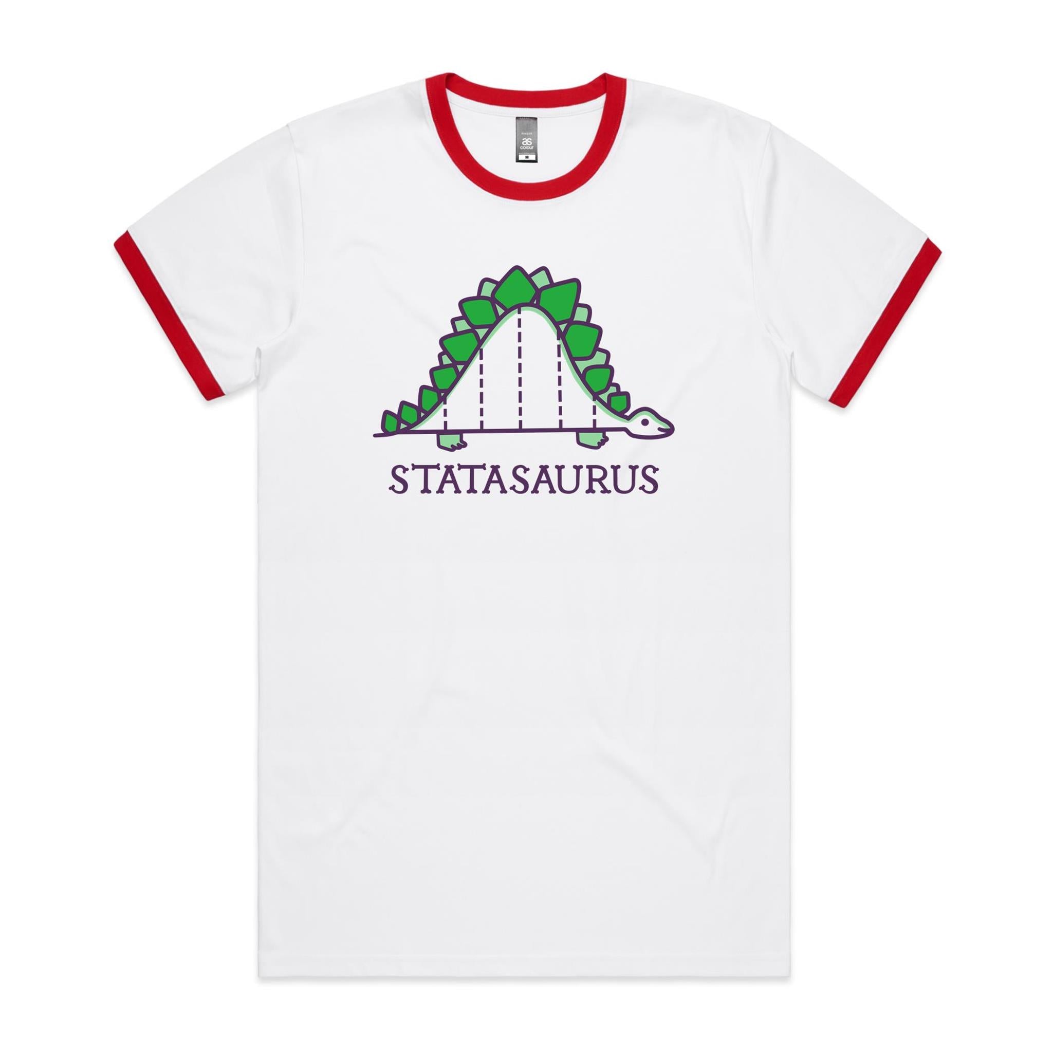 Statasuaurus, Maths Dinosaur - Staple Ringer Tee White Red Ringer T-Shirt animal Maths Printed In Australia