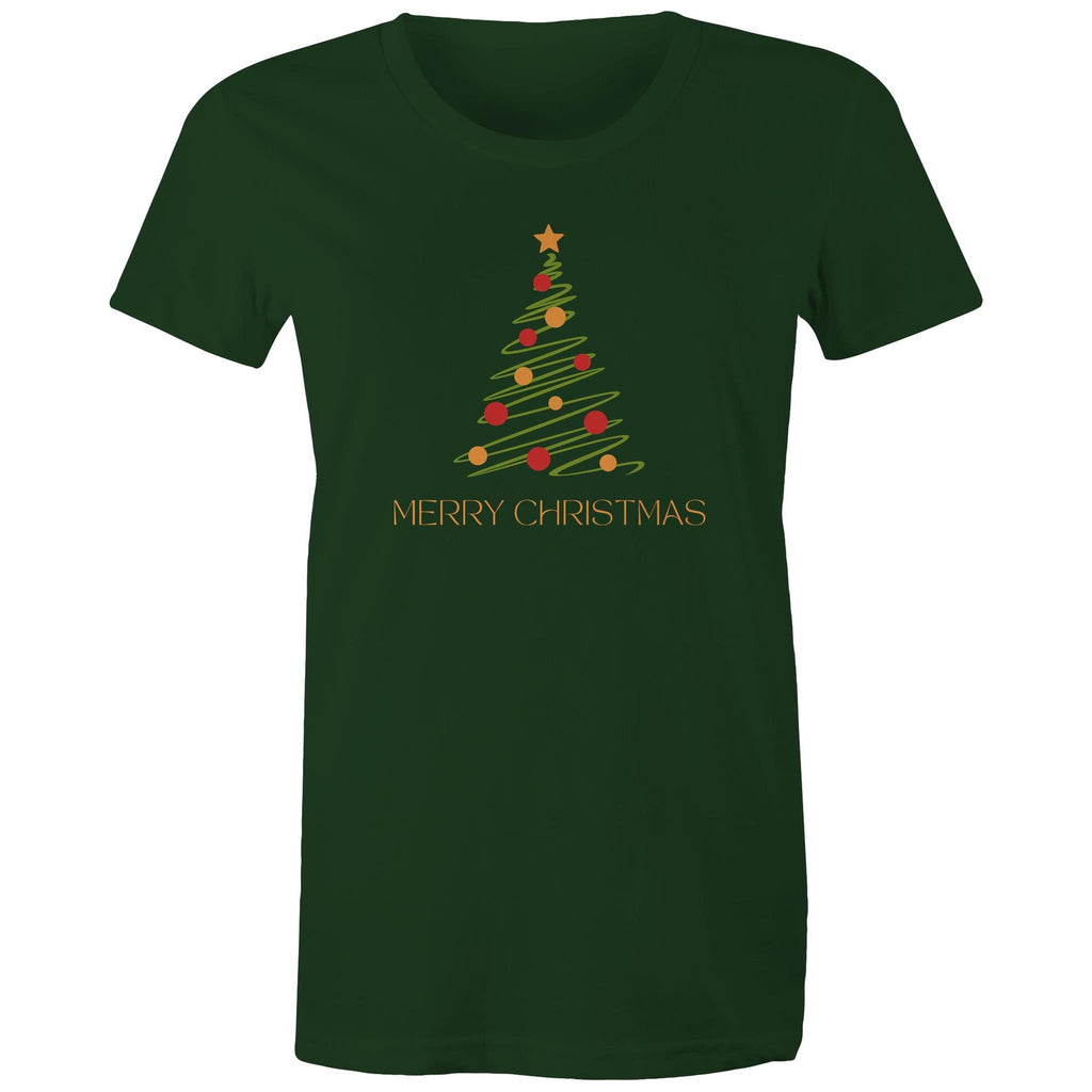 Christmas Tree Line Drawing - Womens T-shirt Forest Green Womens Christmas T-shirt Christmas Printed In Australia