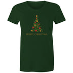 Christmas Tree Line Drawing - Womens T-shirt Forest Green Womens Christmas T-shirt Christmas Printed In Australia