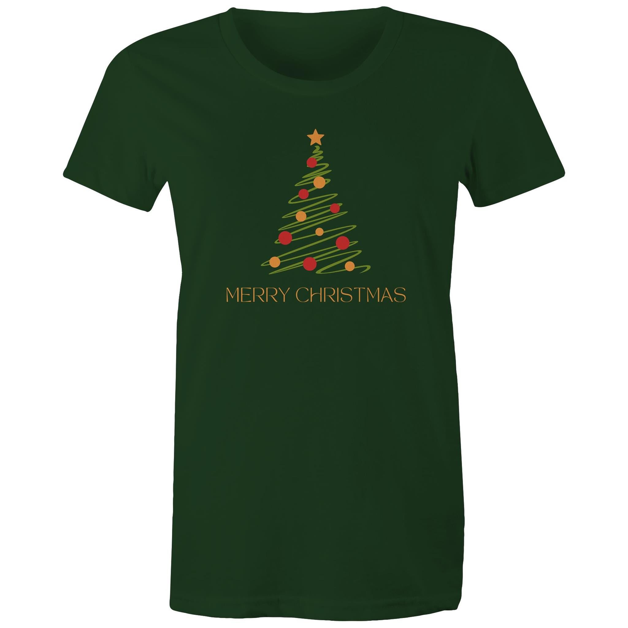 Christmas Tree Line Drawing - Womens T-shirt Forest Green Womens Christmas T-shirt Christmas Printed In Australia