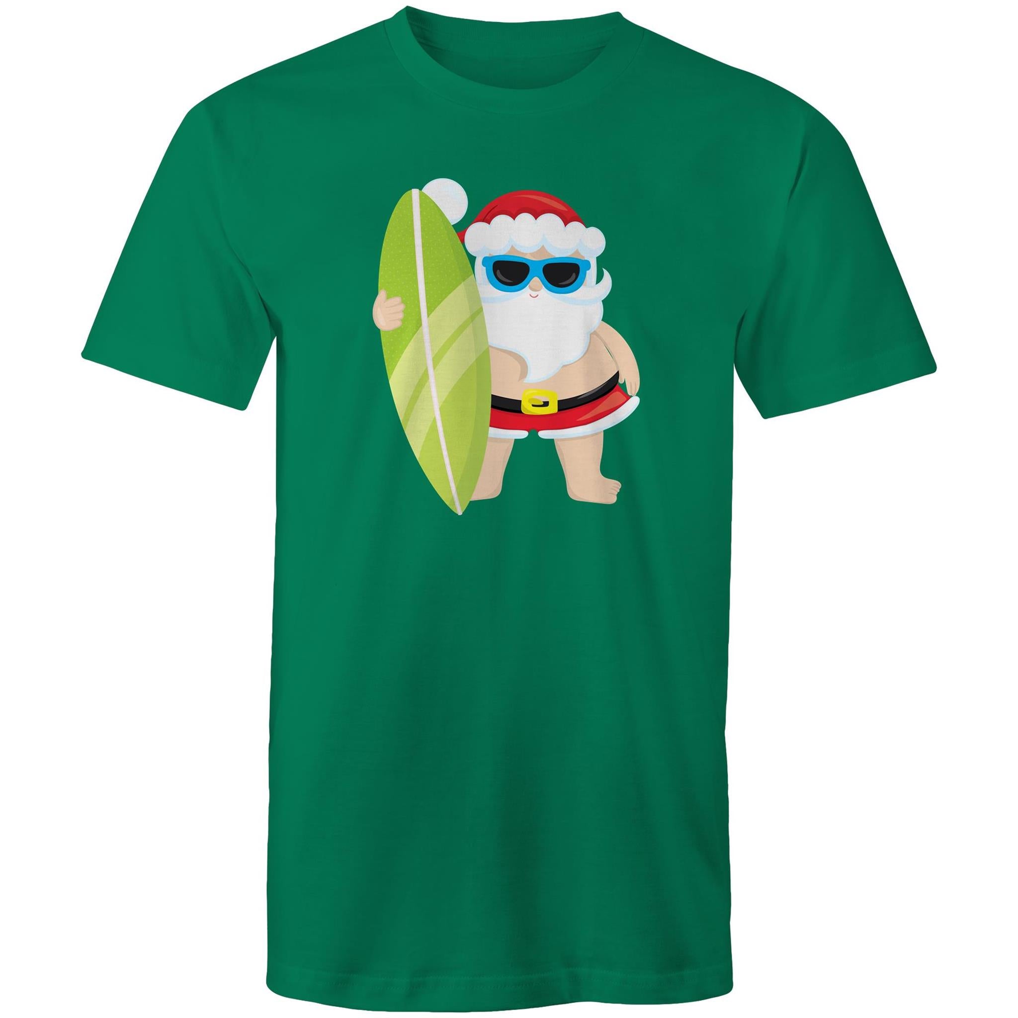 Surfing Santa - Mens T-Shirt Kelly Green Mens Christmas T-shirt Christmas Printed In Australia